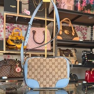 Gucci Beige GG Canvas Crossbody with Light Blue Leather Trim